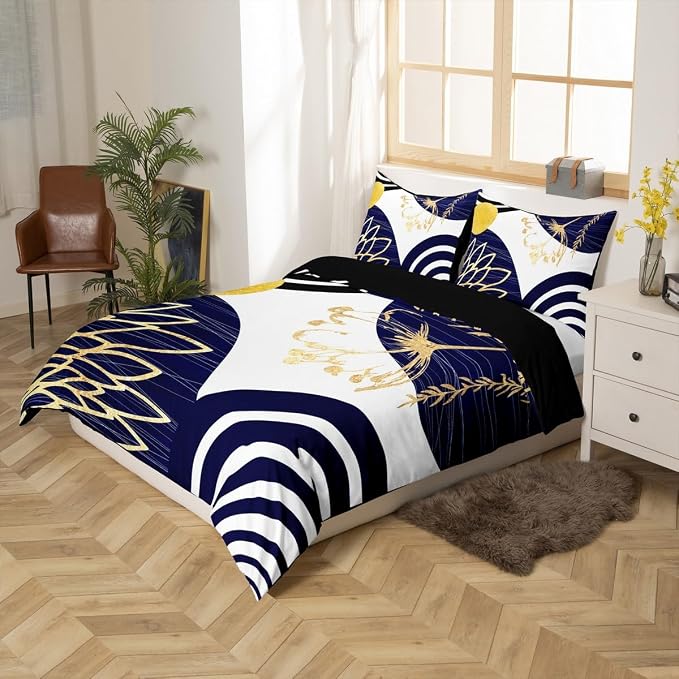 Erosebridal Navy Blue Boho Modern Twin Comforter Cover for Women Men Adults - Mid Century Abstract Duvet Cover Bohemian Geometric Bed Set Chic Contemporary Stripes Bedding Set
