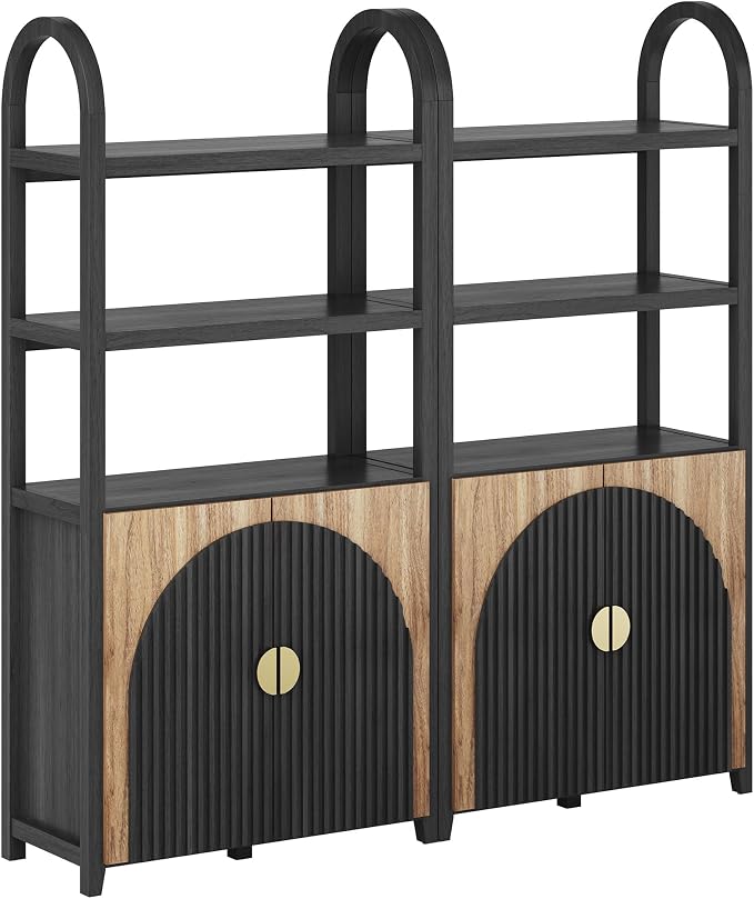 BELLEZE Book Shelf 72" Tall Arched Bookcase with Storage, 5 Tier Mid Century Modern Fluted Bookshelf with Doors, Modular Bookshelves for Living Room Office Library, Set of 2 (Camel)