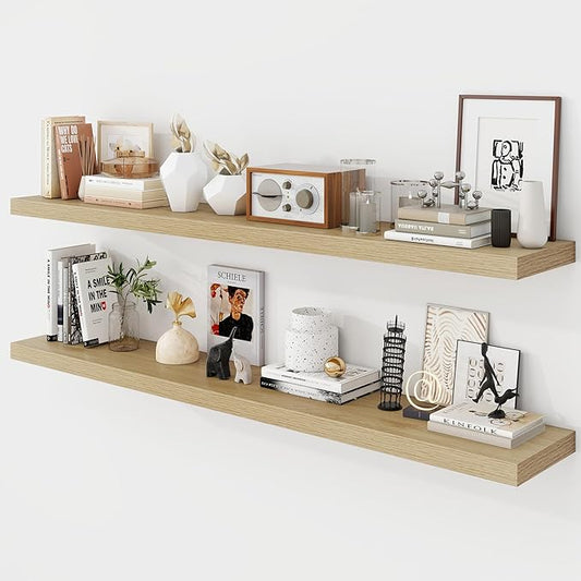 55 Inch Floating Shelves, 9.3" Deep Floating Shelf Wall Mounted, 56" Wall Shelves, Rustic Deep Bookshelf, Large Display Shelves & Storage Shelves for Bedroom, Living Room, Oak, Set of 2
