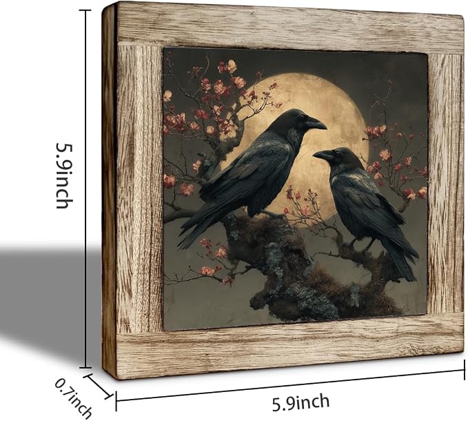 Gothic Raven Couple Moon Wooden Desktop Sign, Dark Academia Crow Wood Plaque Tabletop Decor, Vintage Moody Bird Wooden Sign for Bedroom Living Room Office Shelf