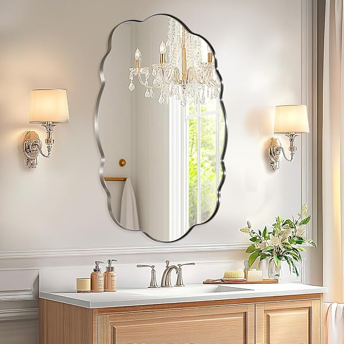 ANDY STAR Brushed Nickel Wavy Oval Bathroom Mirror, 30x40 Inch Silver Scalloped Mirror for Bathroom, Unique Irregular Wall Mirror with Sophisticated Curved Design