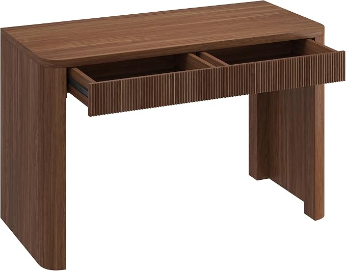 Henn&Hart 48'' Fluted Modern Rectangular Home Office Desk, Ribbed Computer Desk, Writing Table with 2 Drawers for Home Office, Medium Walnut
