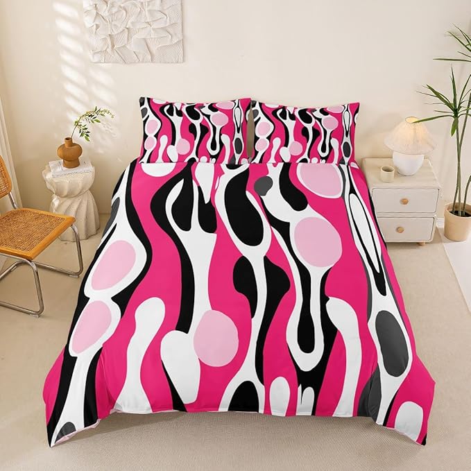 Erosebridal Organic Geometric Duvet Cover Set Modern Abstract King Bedding Set for Adult Men Retro Mid Century Comforter Cover Modern Fluid Art Irregular Circles Bed Sets,Fuchsia Pink