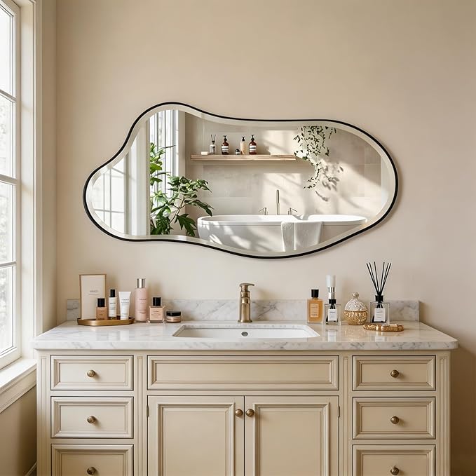 POZINO Irregular Beveled Mirror, 40"x20" Asymmetrical Vanity Wall Mirror with Black Metal Frame, Organic Shape Mirrors for Entryway Bathroom Bedroom Hallway Living Room, Horizontal/Vertical Hanging