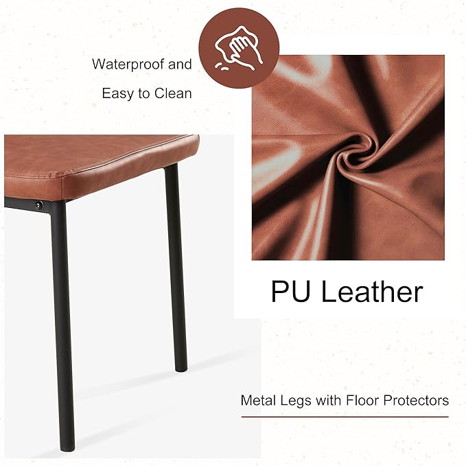 Dining Table Set for 4, 47" Wooden Round Kitchen Table with PU Leather Chairs for Kitchen Room and Small Spaces(Walnut Table + 4 Brown Chairs)