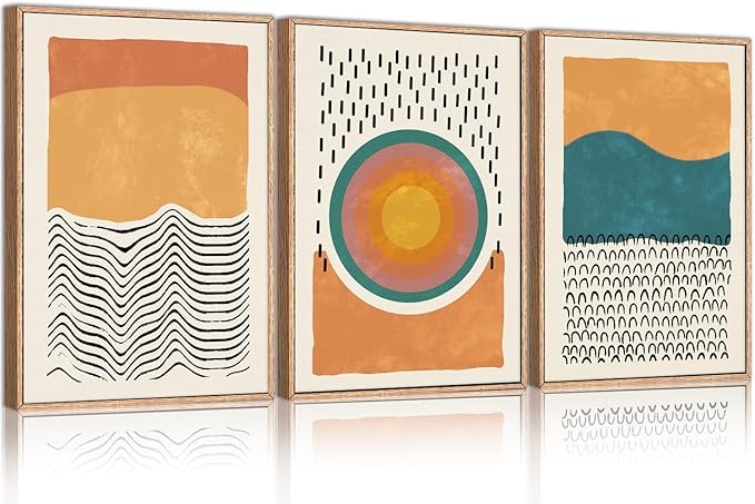 HPINUB Boho Abstract Framed Canvas Prints Wall Art Set, Mid-Century Color Block Shape Wall Decor, Minimalist Illustrations Art Photos for Living Room, Bedroom, Dining Room, Office, Bathroom-24"x36"x3