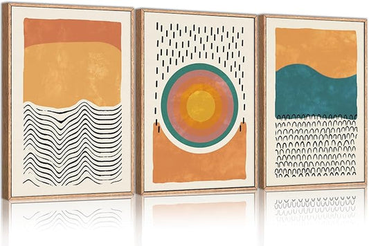 HPINUB Boho Abstract Framed Canvas Prints Wall Art Set, Mid-Century Color Block Shape Wall Decor, Minimalist Illustrations Art Photos for Living Room, Bedroom, Dining Room, Office, Bathroom-24"x36"x3