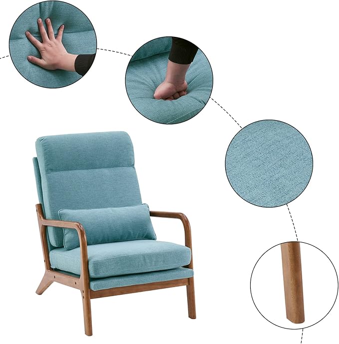 Karl home Accent Chair Mid-Century Modern Chair with Pillow High Back Linen Fabric Upholstered Lounge Arm Chair with Solid Wood Frame & Soft Cushion for Living Room, Bedroom, Balcony, Teal