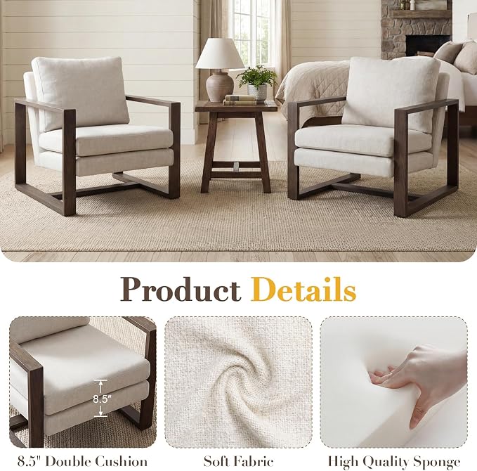 CIMOTA Modern Mid Century Accent Chairs Set of 2 Comfy Armchairs with Armrests Upholstered Reading Lounge Chairs with Metal Frame for Living Room Bedroom Office, Walnut Finish Beige