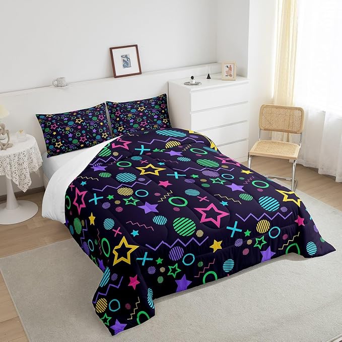 Manfei Memphis Comforter Set Twin Size, Colorful Geometric Vintage Style Quilt Set with 1 Pillowcase, 80s 90s Fashion Style Bedding Set 2pcs for Kids Boys Girls Lightweight Duvet Insert