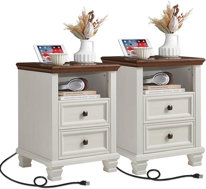 Farmhouse Nightstand Set of 2 with Charging Station, Antique Nightstands with Drawers, Bedside Table with Open Shelf for Bedroom, White