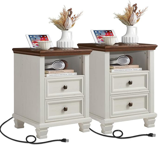Farmhouse Nightstand Set of 2 with Charging Station, Antique Nightstands with Drawers, Bedside Table with Open Shelf for Bedroom, White