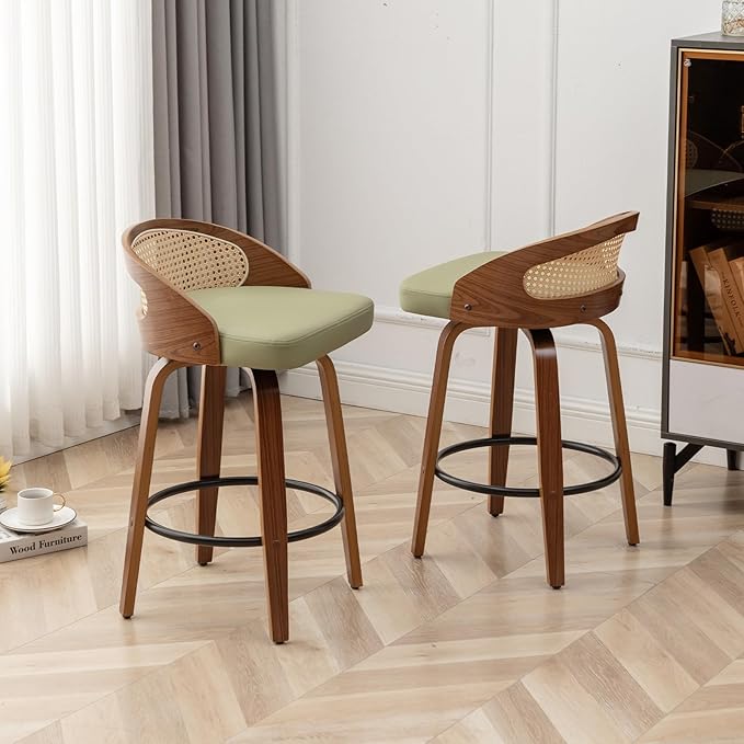 26" Swivel Rattan Bar Stools,Mid-Century Modern Green Leather Upholstered Counter Height Stools,Kitchen Island Barstools with Rattan Low Backrest,Walnut Wood Finish Bar Chair,1PCS