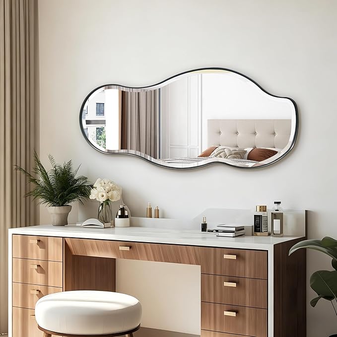 POZINO Irregular Beveled Mirror, 40"x18" Asymmetrical Vanity Wall Mirror with Black Metal Frame, Organic Shape Mirrors for Entryway Bedroom Bathroom Living Room, Horizontal/Vertical Hanging