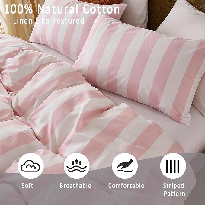 Merryword Pink and White Striped Duvet Cover Set Queen Size, 100% Cotton Bedding Set with Zipper Closure & 8 Corner Ties, Luxury Linen Like Bedding, Soft Breathable Comforter Cover for All Seasons