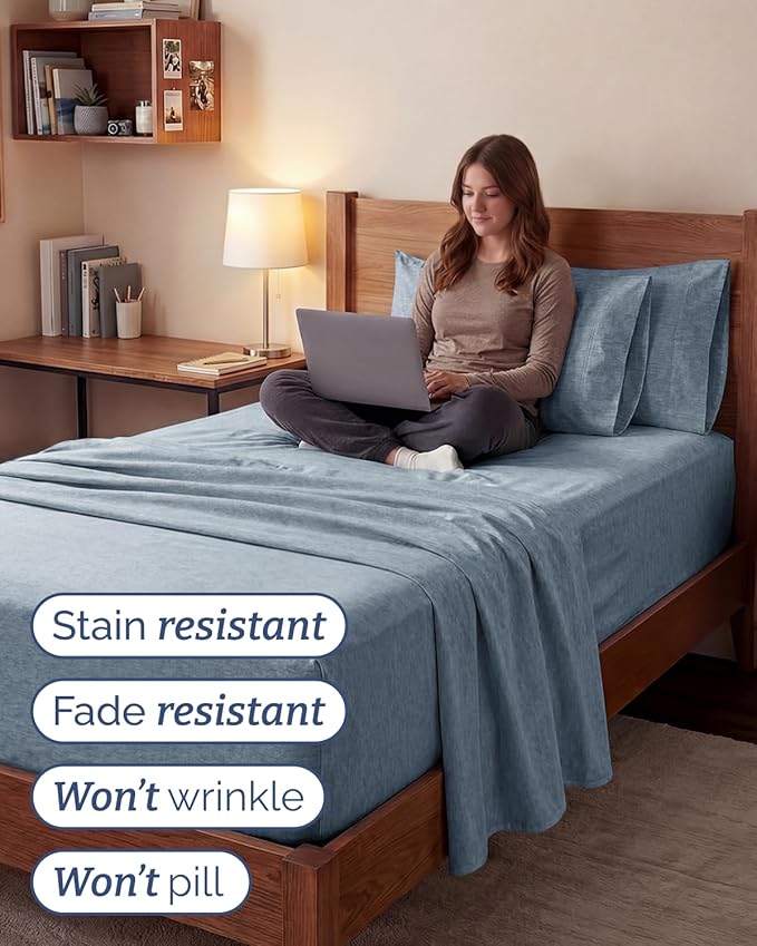 Extra Deep Twin XL Sheet Set - 4 Piece College Dorm Bed Sheets Set with Extra Deep Pockets - Ultra-Soft, Comfy & Breathable Bedding for Women, Men, Kids & Teens - Wrinkle & Fade Free - Heathered Blue