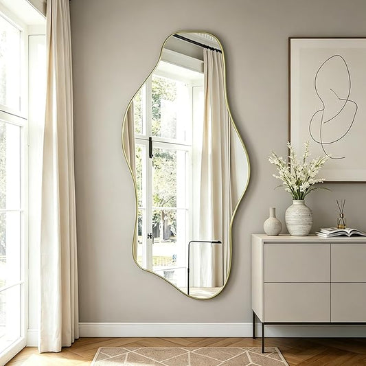 Large Irregular Mirror, 63"x30" Asymmetrical Tempered Glass Mirror Full Length, Gold Organic Frameless Wall Mirrors for Entryway Hallway Bedroom Living Room, Horizontal or Vertical Hanging