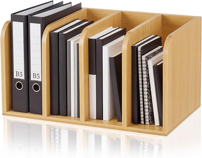 Novabright Bamboo Magazine File Holder Desk Organizer, 4 Vertical Compartments Workspace Sorters for Magazines, Binders, Notebooks, Envelopes