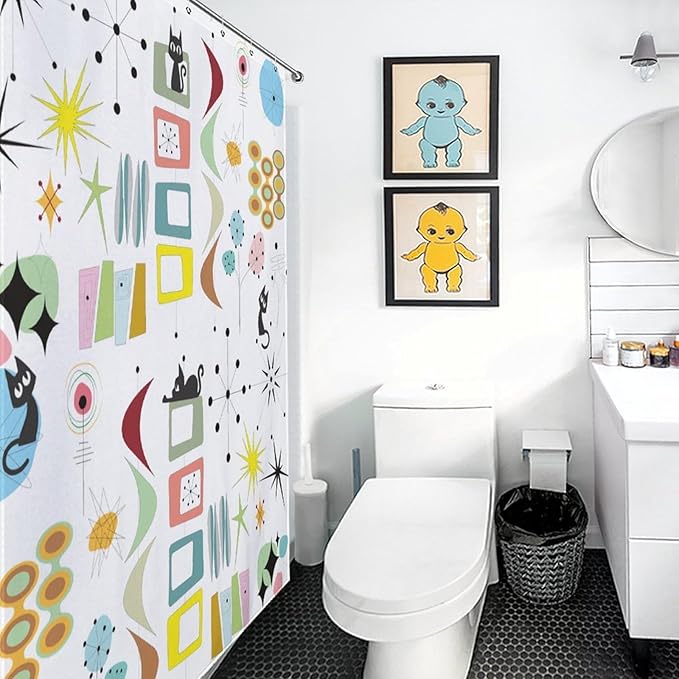 Mid Century Modern Shower Curtain for Bathroom, Rustic Black Cat Atomic Abstract Kittey Geometric Retro 1950s 1960s Waterproof Fabric Shower Curtain Set with Hooks, 72"x84"
