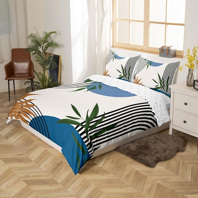 Erosebridal Mid Century Boho Blue Duvet Cover Toddler for Kids Boys Girls,Abstract Modern Comforter Cover,Botanical Plant Leaves Bedding Set,Minimalist Simple Bed Set 2 Pcs Bedroom Decor