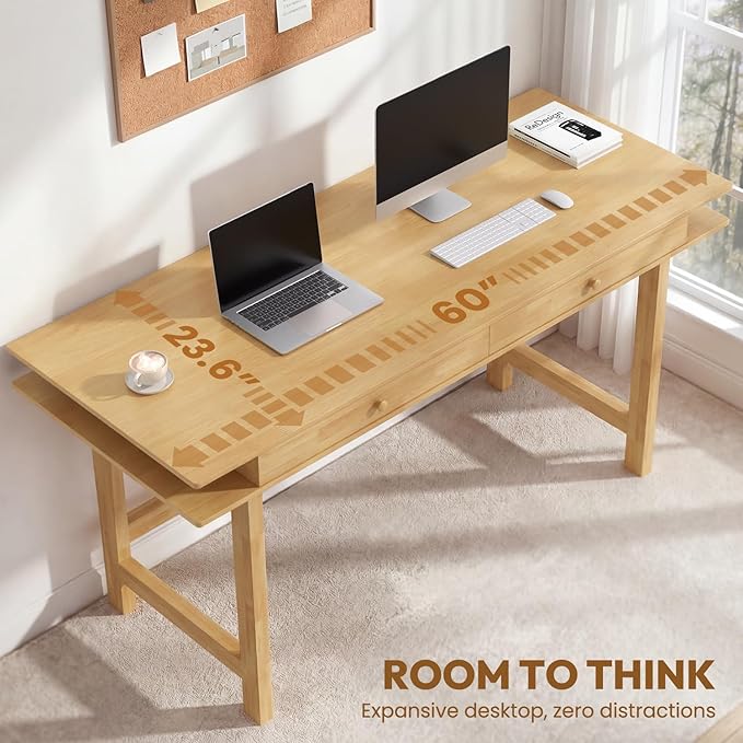 Double-Top Solid Wood Desk - 60-Inch Mid-Century Modern Writing Table with Drawers for Home Office, Study, and Creation, Rubberwood Computer Desk in Honey Oak