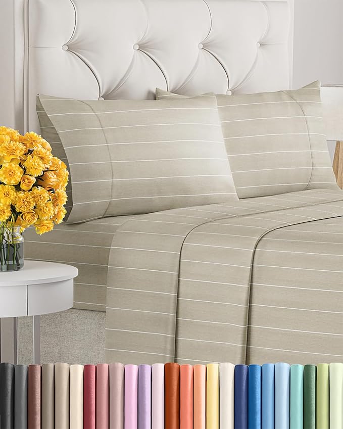 Hotel Luxury Durable Bed Sheets - Full Size 4 Piece Sheet Set - Extra Soft, Breathable & Cooling - Deep Pockets, Easy-Fit & Wrinkle-Free - Beige Stripes Oeko-Tex