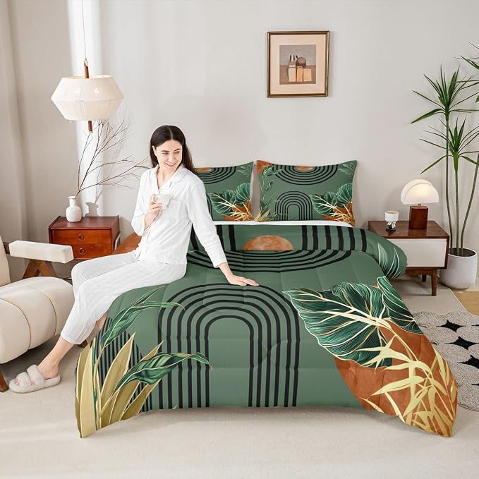 Erosebridal Mid Century Green Toddler Comforter Set Boho Minimalist Aesthetic Bedding Set Modern Plant Botanical Palm Leaf Comforter for Kids Boys Girls Abstract Retro Geometric Neutral Quilt Duvet