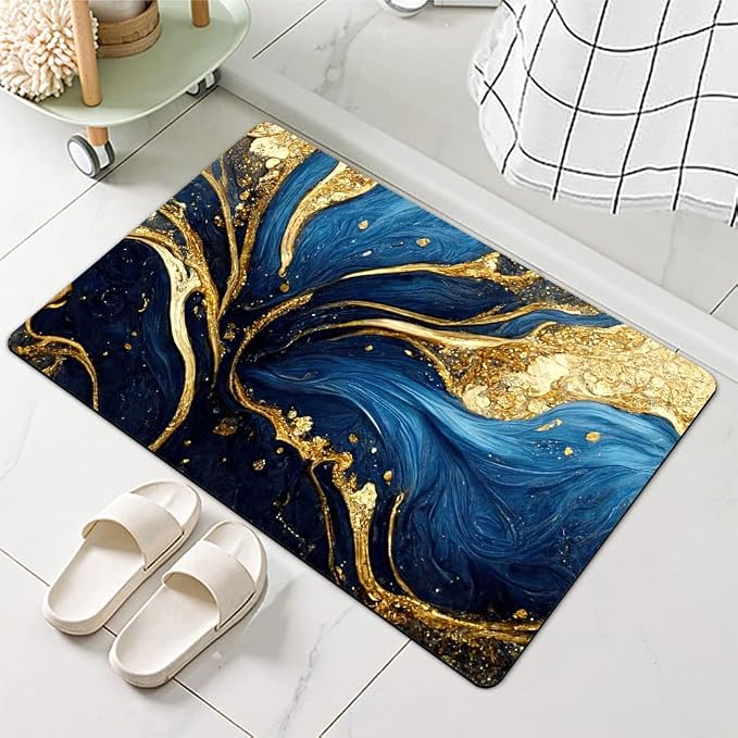 Diatomaceous Earth Bath Mat,Blue and Gold Marble Texture Non-Slip Volume Super Absorbent Fast Drying for Bathroom Kitchen Door mat,Eco-Friendly Easy to Clean 20×31Inch(50 * 80cm)