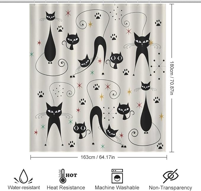 Mid Century Modern Shower Curtain,Retro Atomic Cat Star Paw Print Retro Abstract Geometric 1960s Fabric Bathroom Decor Curtains with Hooks 66x72in（168x183cm）