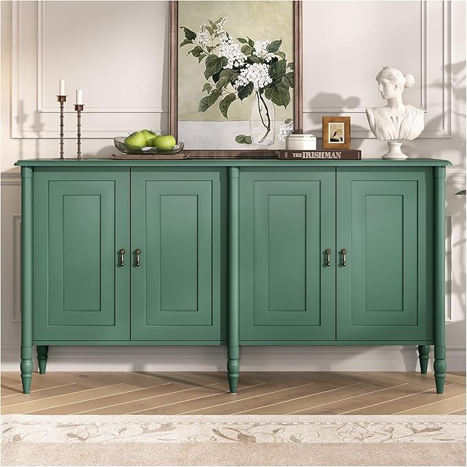 JOINICE 59" Sideboard Buffet Cabinet with Storage,Vintage Credenza with Adjustable Shelves & Solid Wood Legs,Accent Cabinet for Living Room,Dining Room,Kitchen,Bar,Entryway,Hallway,TV Console,Green
