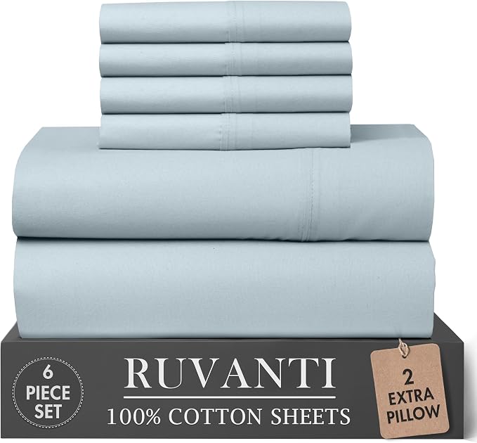 RUVANTI 100% Cotton Percale Sheets King Size 6 Piece Set, Cooling Bed Sheets for Hot Sleepers, Deep Pocket 16”, Breathable Lightweight & Durable, Crisp Hotel Style Sheets, Silver Blue