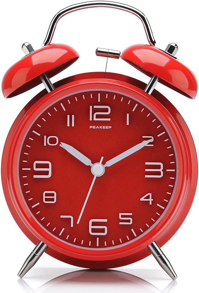 Peakeep 4.5 Inches Twin Bell Loud Alarm Clock for Heavy Sleerpers, Backlight, Battery Operated Old Fashioned Alarm Clock for Bedrooms (3D-Dial, Red)