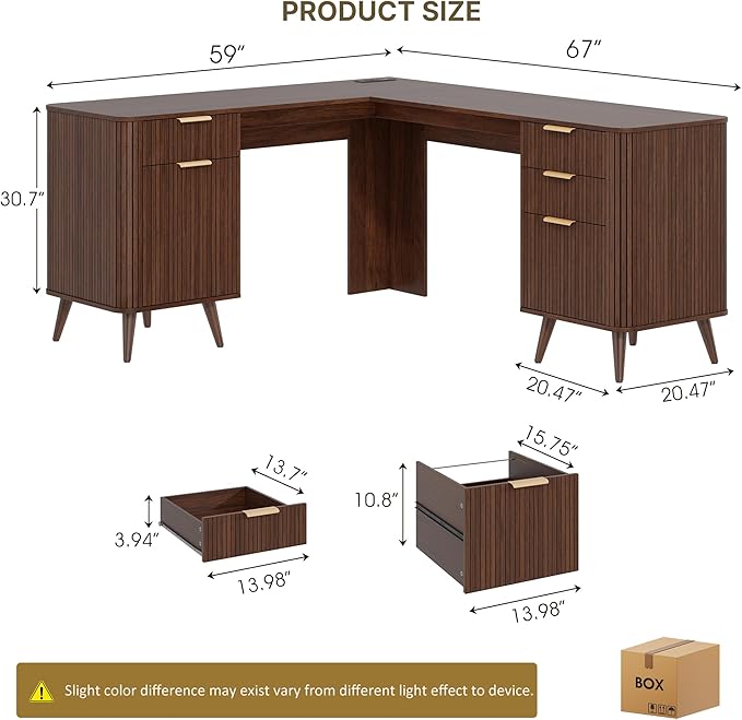 67" Fluted L Shaped Desk with File Drawer, Executive Home Office Desk with Power Outlet & Type-C Port, Corner Computer Desk with 3 Storage Drawers and Cabinet, Writing Desk for Study, Walnut