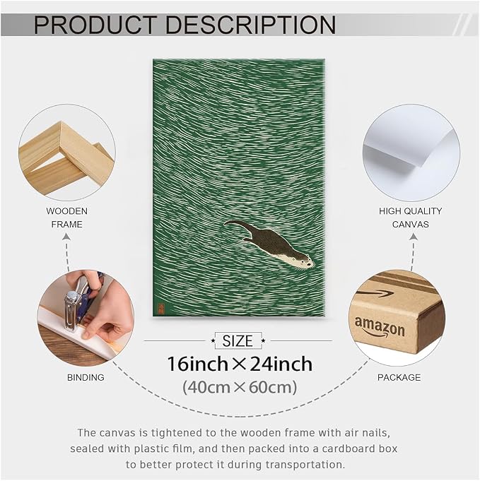Wrapped Framed Japanese Otter Swimming Poster Funny Nature Wild Animal Pictures Retro Minimal Green Water Canvas Wall Art for Living Room Bedroom Bathroom 16x24 inch