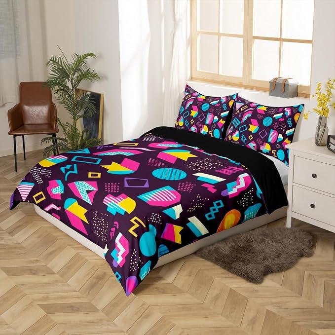 80s 90S Fashion Style Bedding Set Queen Size,Retro Memphis Style Pattern with Geometrical Shapes Duvet Cover for Kids Child,Funky Hipster Old Fashioned Comforter Cover Geometric Bedroom Decor