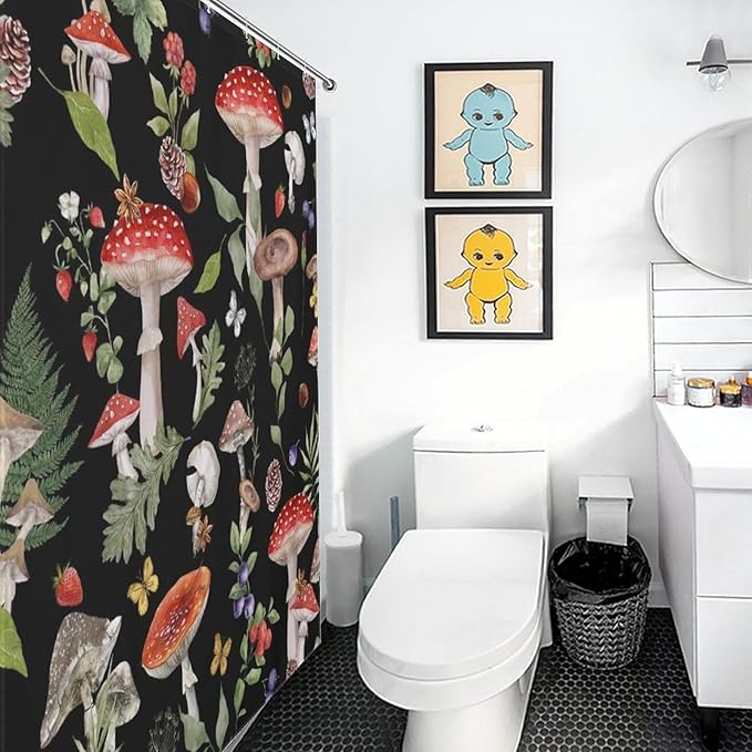 Mushroom Shower Curtain, Farmhouse Country Botanical Mushroom Plants Herbs Rustic Vintage Cottagecore Nature Black Waterproof Fabric Bathroom Shower Curtain Set with Hooks, 72"x84" Inch