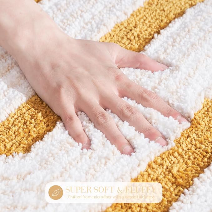 Geometric Design Boho Runner Bathroom Rugs, Long Scalloped Cute Bath Mat Non Slip for Bedroom Kitchen Hallway Laundry Room, Funky Retro Farmhouse Bath Rug Washable, Mustard Yellow, 51"x20"