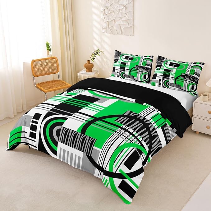 Erosebridal Art Deco Mid Century Duvet Cover Set Retro Modern Abstract Geometric Twin Bedding Sets for Girls Youth Boys Black and White Green Circles Stripes Comforter Cover Contemporary Bed Set