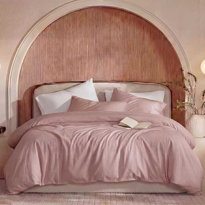 100% Washed Cotton Duvet Cover Queen Size – Red Pink, Linen-Like Texture, Super Soft & Breathable Bedding Set, 3-Piece Durable Percale Comforter Cover