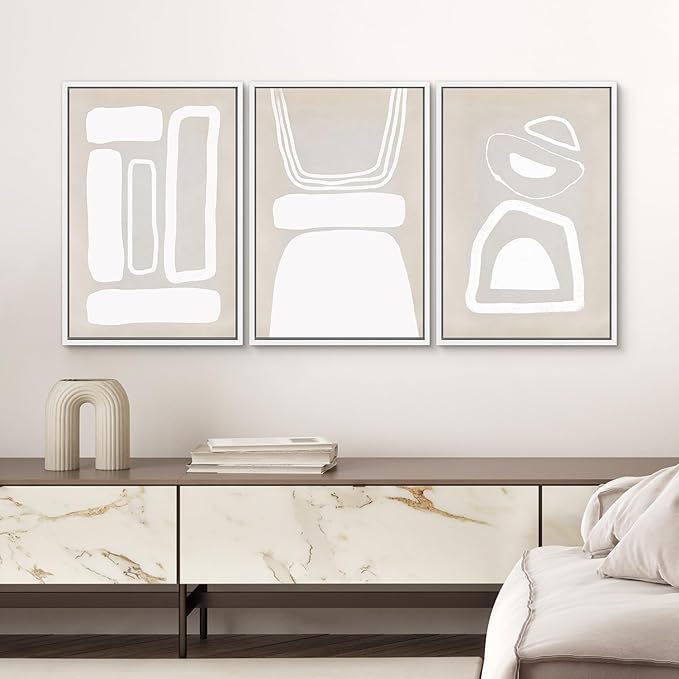 SIGNWIN Framed Canvas Print Wall Art Set Mid-Century Boho Geometric Polygons Abstract Shapes Cozy Neutral Modern Art Decorative Contemporary Minimal for Living Room, Bedroom, Office - 24"x36"x3 White