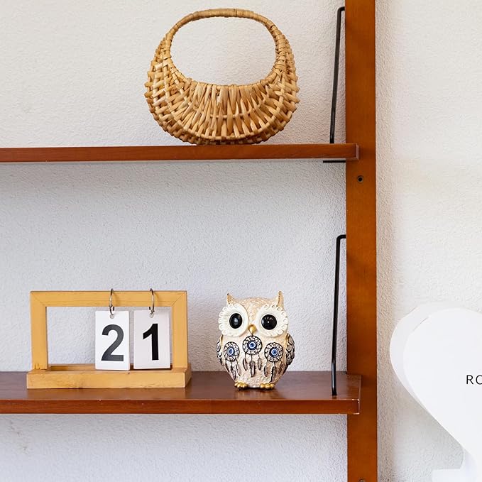Owl Statue Home Decor Accents with Evil Eye.White Decor for Bookshelf, Bedroom, Living Room, Office, Table and Shelf. Vintage Owl Figurines Gifts for Birds Lover.Cute Small Animal Sculptures.