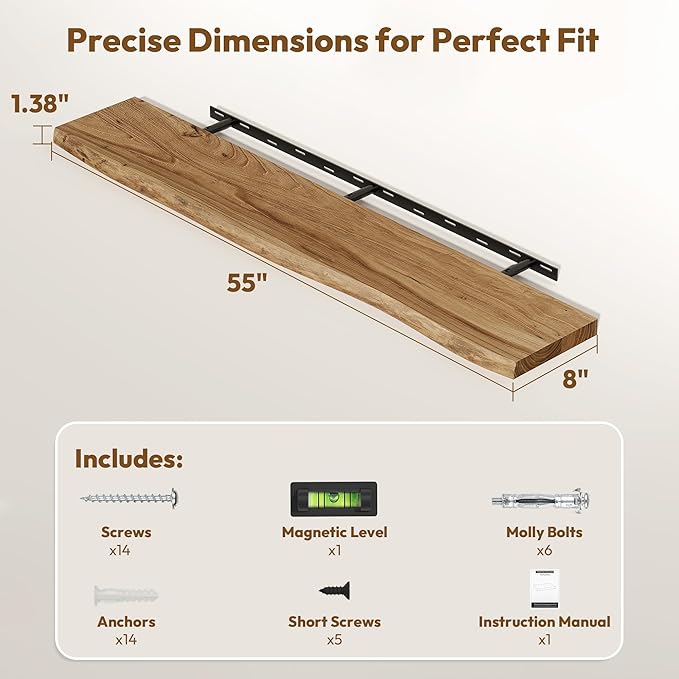 Vivelove Live Edge Floating Shelves Solid Wood, Elm Shelves for Wall with Invisible Bracket for Living Room Bedroom Bathroom Office Book, Rustic Farmhouse Wooden Shelf, 55 Inch Set of 1- Natural