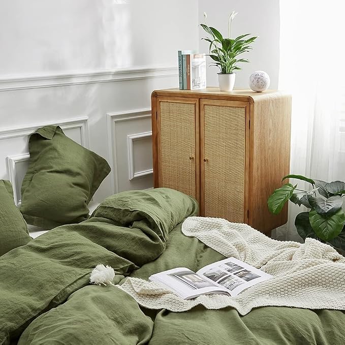 Simple&Opulence 100% Linen Duvet Cover Set, 3 PCS Natural French Flax Olive Green Duvet Cover Full Size, Breathable Soft Comfy Linen Bedding Comforter Cover with 2 Pillowcases(Olive Green, 78"x86")