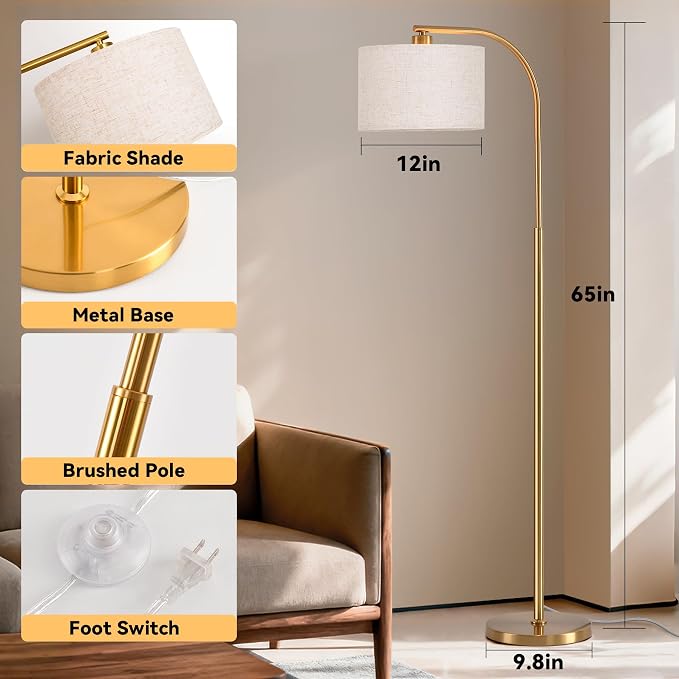 Floor Lamp for Living Room with Remote,Dimmable Tall Standing Lamps,Modern Gold Floor Light with Smart RGB Bulb,App Control,3 Color Temperatures,Fabric Shades,Floor Lamp for Bedroom Office Corner