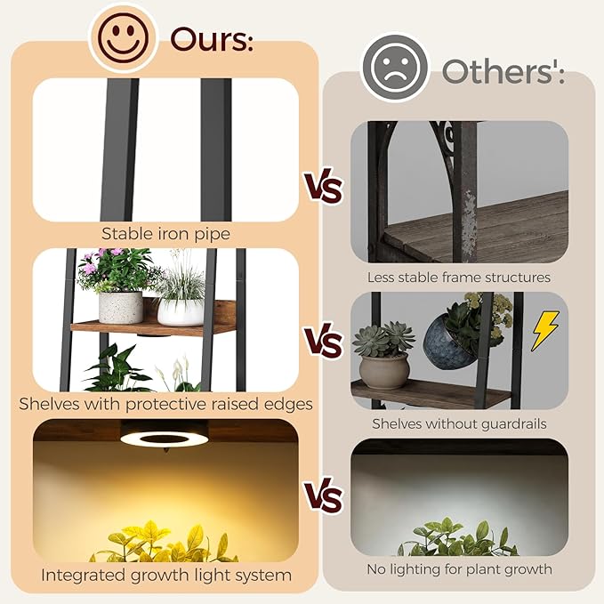 Plant Stand with Grow Light, 5 Tier Plant Shelf with Timer for Indoor Plants, Ladder Shape Flower Rack with Raised Back Edges, for Living Room, Balcony, Rustic Brown and Black PSHR05E01