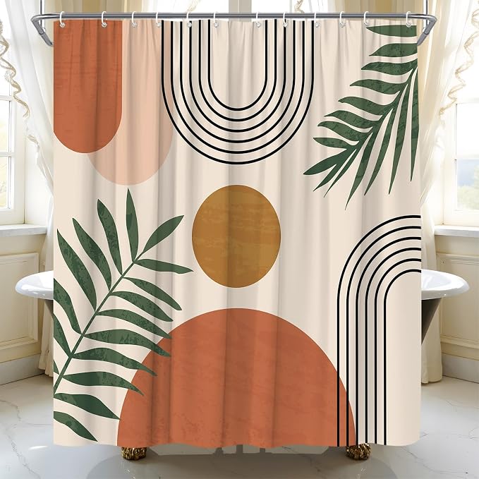 Mid Century Modern Shower Curtain Boho Beige Orange Abstract Retro Aesthetic Fabric for Bathroom Decor Bathtub with Hooks (67" WX70 H)