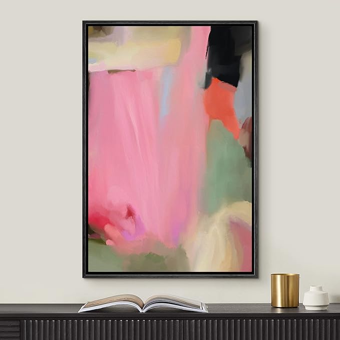 MUDECOR Framed Canvas Print Wall Art Pink Geometric Paint Strokes Abstract Shapes Illustrations Minimalism Decorative Relax/Zen Colorful Nordic for Living Room, Bedroom, Office - 16"x24" Black