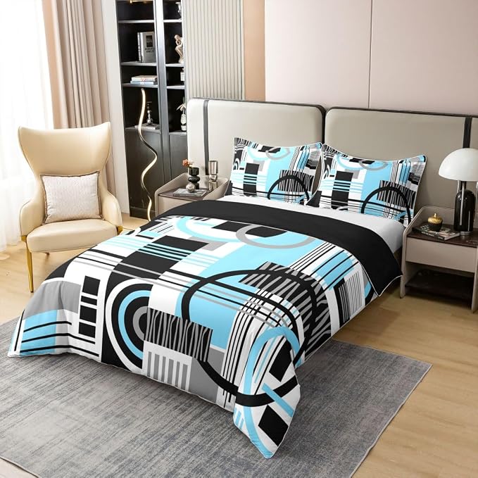 Erosebridal Art Deco Mid Century Duvet Cover Set Retro Modern Abstract Geometric 100% Cotton Comforter Cover Black and White Sky Blue Circles Stripes King Bedding Set, Contemporary Bed Sets