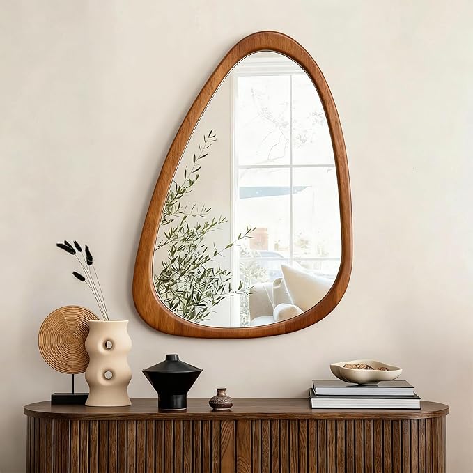 Asymmetrical Mirror, 30"x20" Unique Irregular Wall Mirror, Wood Mid Century Modern Mirror Decor for Bathroom Bedroom Living Room Entryway Hallway (Natural Wood)