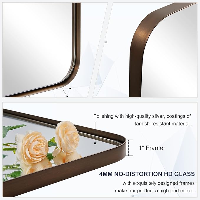 ANDY STAR Wall Mirror for Bathroom, 20”x28”Brushed Bronze Bathroom Mirror, Rounded Rectangle Mirror in Premium Stainless Steel Metal Frame Hangs Horizontal Or Vertical